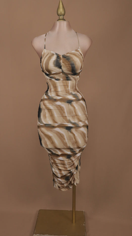 Vestido midi plisado y escote, marmoleado