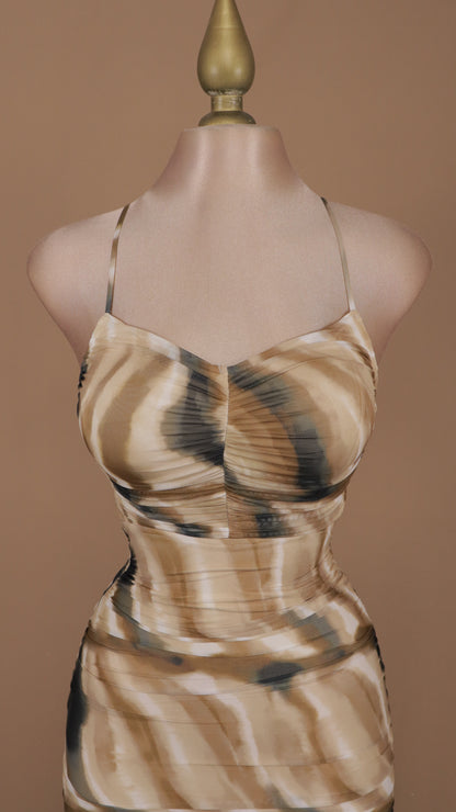 Vestido midi plisado y escote, marmoleado